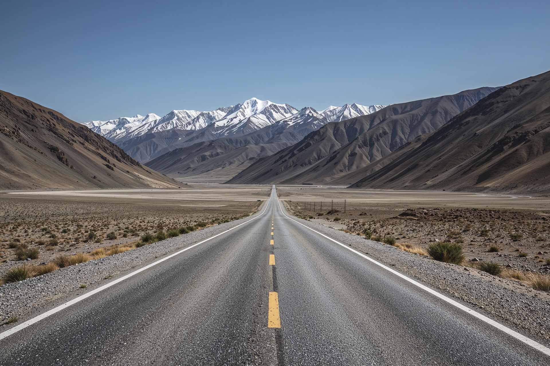 Ruta pavimentada en un valle montañoso desértico de Tayikistán